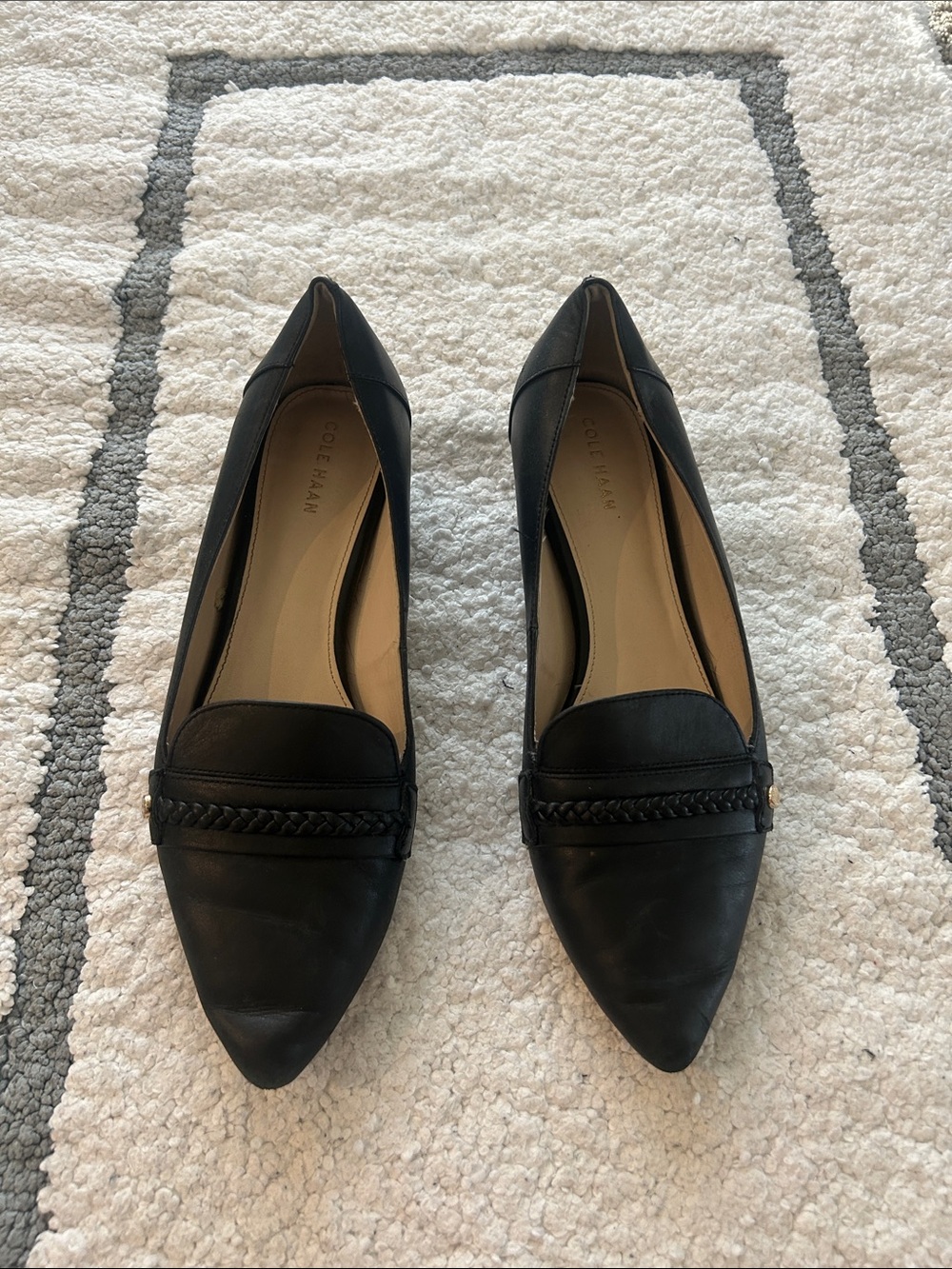 Cole Haan Black Pointed Leather Loafers with Braided Strap
